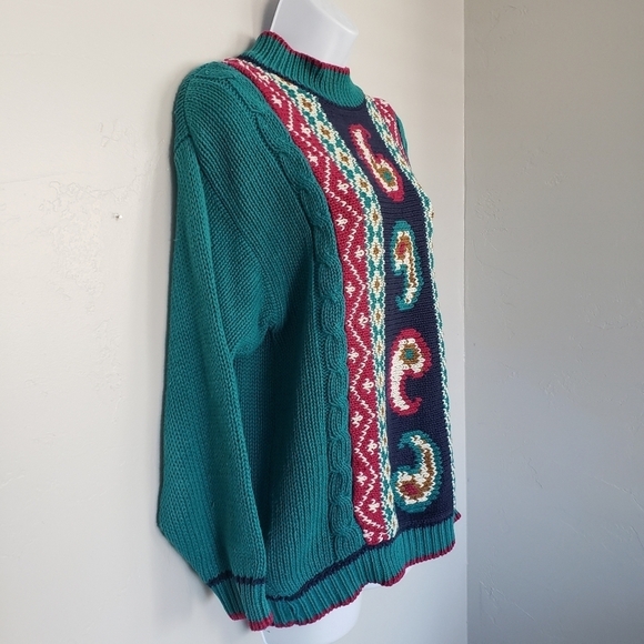 Vintage AJ Brandon Paisley Pullover Sweater Medium Teal Green Navy Boho Whimsy - Picture 6 of 6